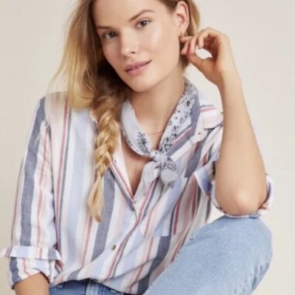 Anthropologie Maeve Multicolor Striped Linen Blend Button Down Shirt Size XS - Picture 2 of 10